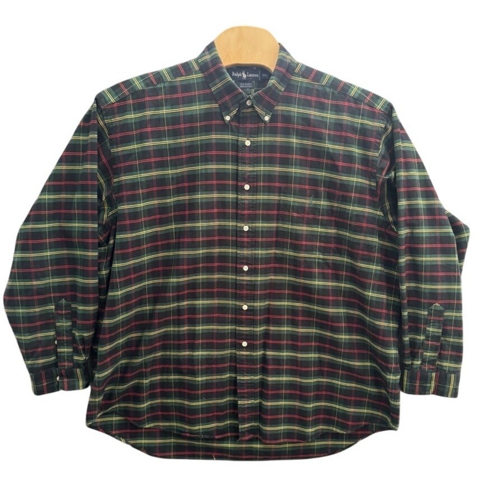 Ralph Lauren Big Shirt XXL Mens Green Red Plaid Cotton Button Down Long Sleeve